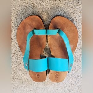 Greek Savvas Handcrafted Teal Blue Leather Thong Sandals Size 9